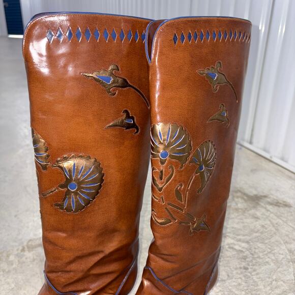 Women POLLINI Vintage Brown All Leather Riding Boot Italy SZ 38 embellished - Picture 4 of 11